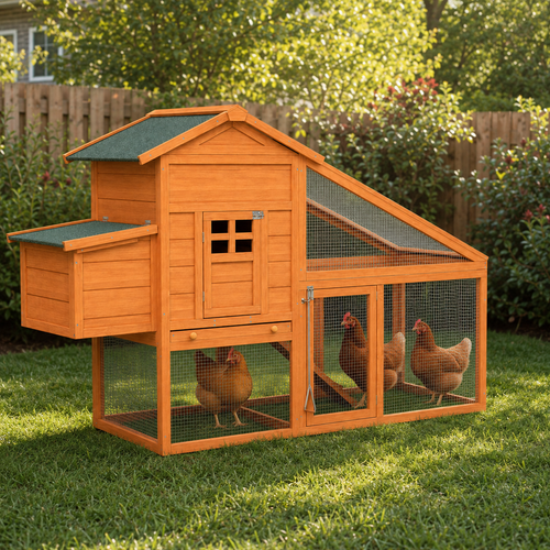The Ranger chicken coop in a garden with four hens