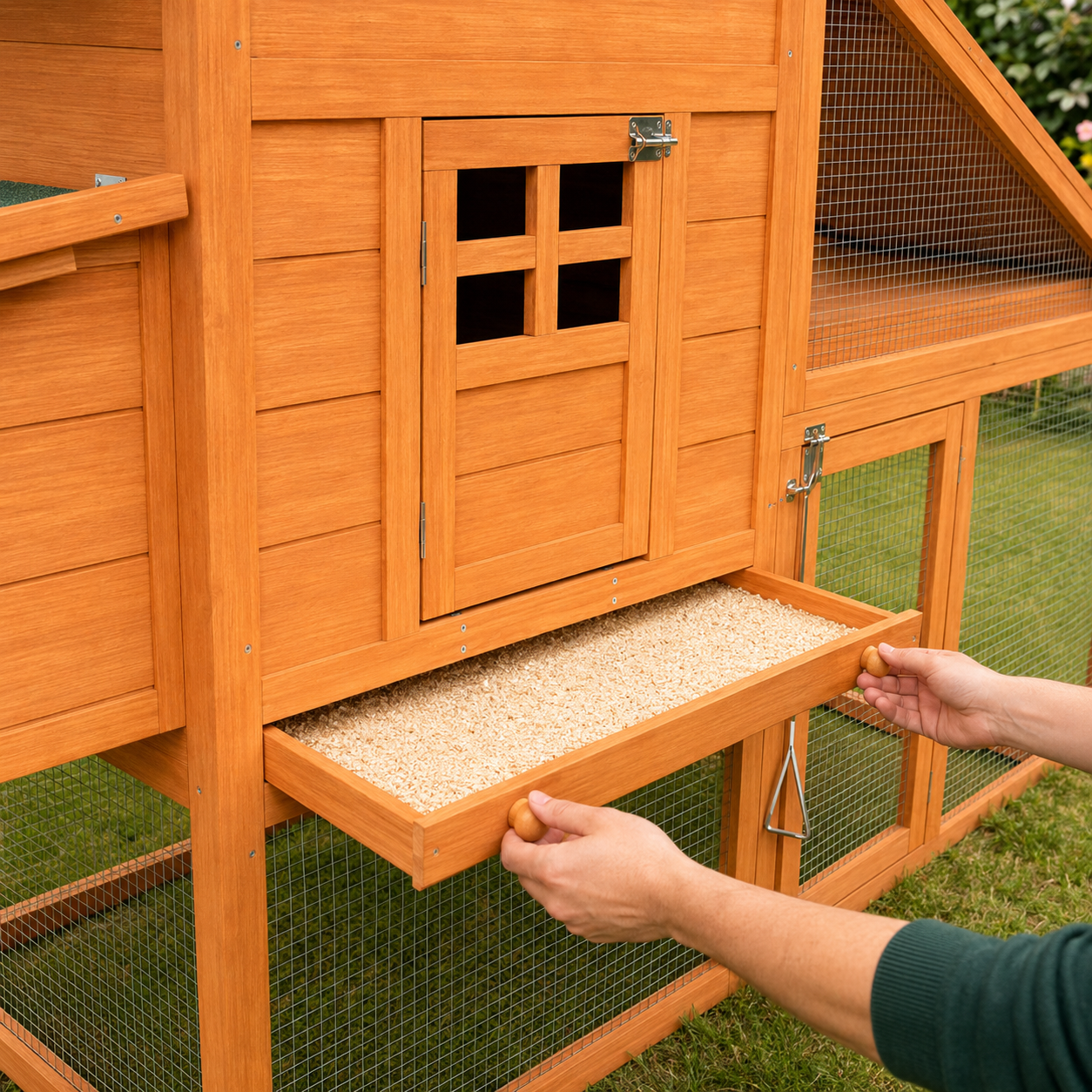 Removable cleaning tray on The Ranger chicken coop